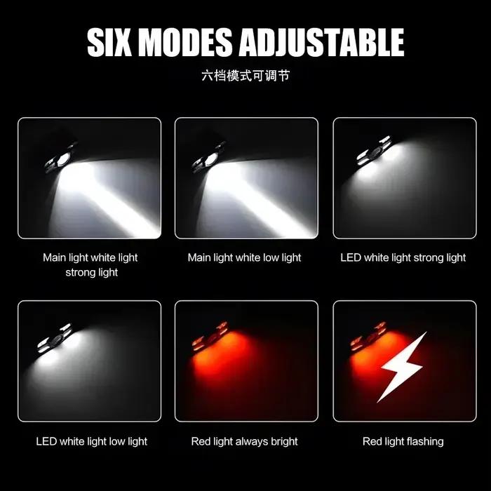Lampe frontale pêche 6 modes LED rechargeable USB portable avec batterie intégrée pour camping