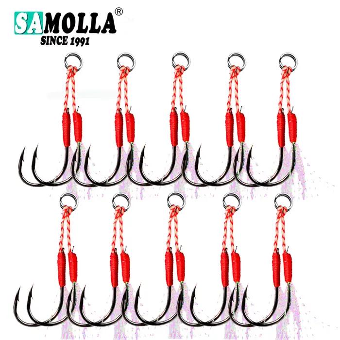 Lot de 10 hameçons doubles pour pêche leurre jigging lent, plumes et acier haute carbone pour