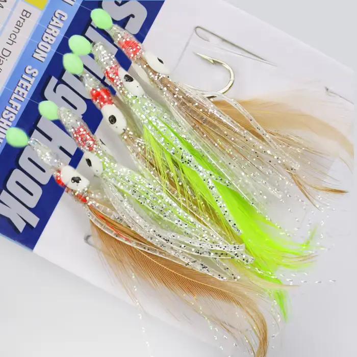 Kit 5 leurres luminescents Octopus Sabiki avec plumes pour pêche du maquereau et calamar