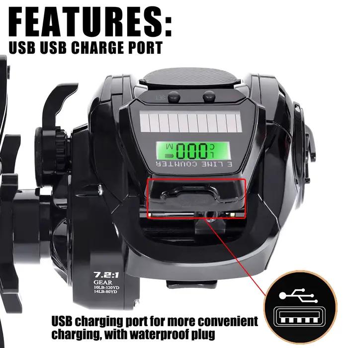 Moulinet casting électronique avec écran LED - recharge USB/solaire 7.2:1 étanche pour pêche mer