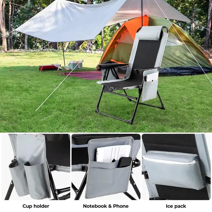 Chaise pliante dossier et accoudoirs réglables - Siège camping gris oxford 140kg pour pêche