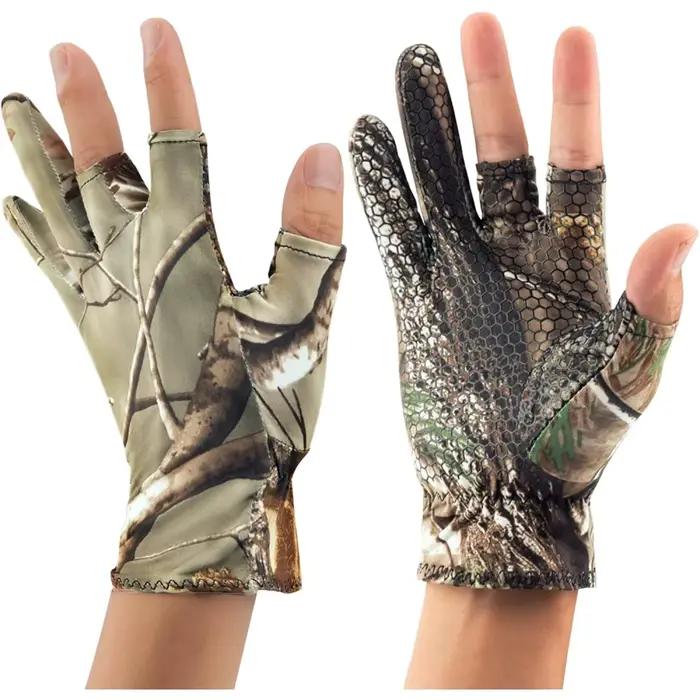 Gants camouflage pêche anti-dérapage élastiques fins mitaine 3 doigts coupés chasse vélo mi-doigts