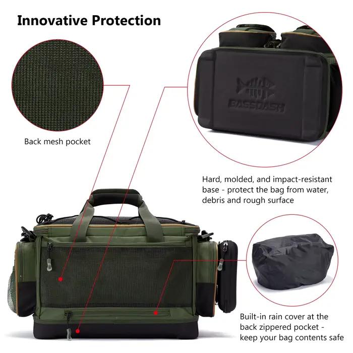 Sac à bandoulière BASSDASH résistant à l'eau léger - Pack rangement matériel pêche avec fond moulé dur et couvre-pluie