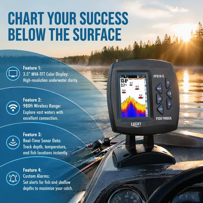 Détecteur de poissons sans fil LUCKY FF918-CWLS portée 980 pieds - Sonar 45° pour bateaux de pêche