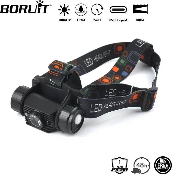 Lampe frontale pêche BORUiT 020 détecteur mouvement 1000LM rechargeable Type-C étanche chasse