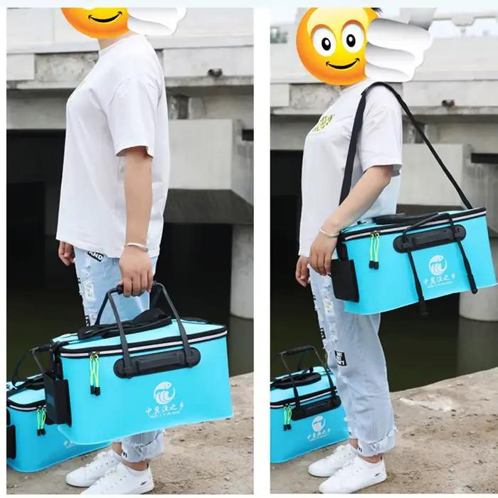 Sac de pêche pliable en polyester avec poche latérale et boîte à poissons vivants étanche pour multi-usages camping et pêche