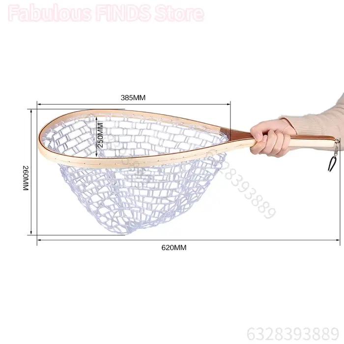 Fly Fishing Landing Nets Wooden Handle Transparent Rubber/Nylon Mesh Trout Mesh