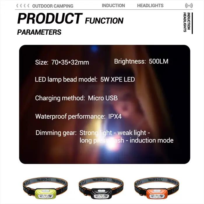 Mini lampe frontale rechargeable avec capteur COB LED pour pêche et activités outdoor
