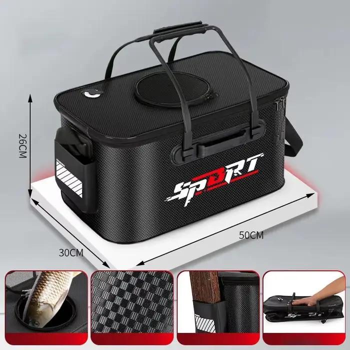Seau à poisson pliable transportable pour pêche en camping et voyage avec vivier