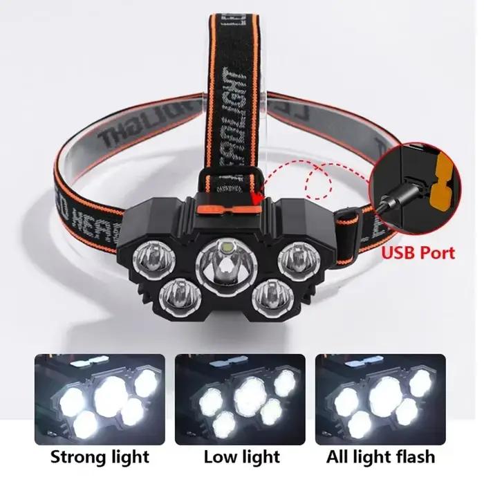 Lampe frontale LED puissante rechargeable USB 18650 pour pêche nocturne et camping