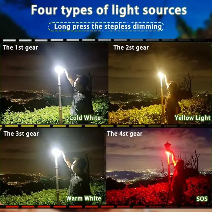 Lampe torche LED 80W solaire rechargeable aimant zoom puissante pour tente camping pêche nuit travail éclairage