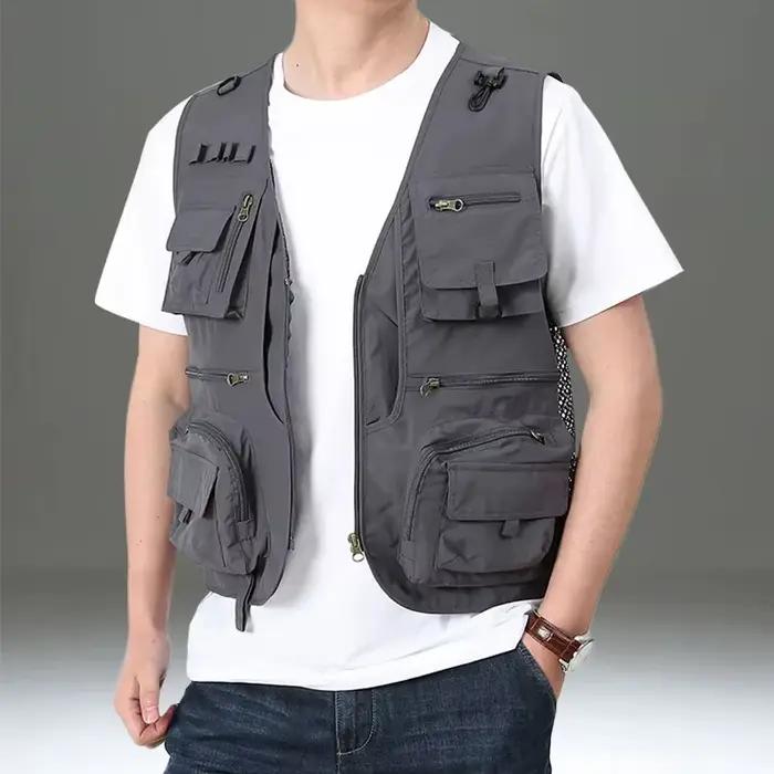 Veste de pêche cargo rouge personnalisable 2025 - Yelek multi-poches nylon pour journaliste photo camping