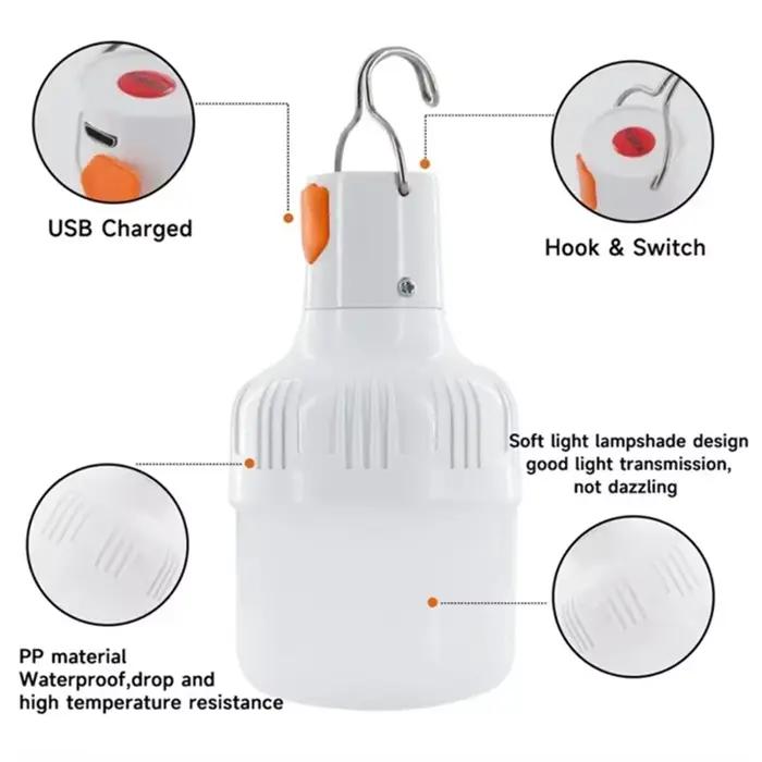 Lampe LED rechargeable USB 60W portable pour camping, pêche de nuit et éclairage d'urgence LT014