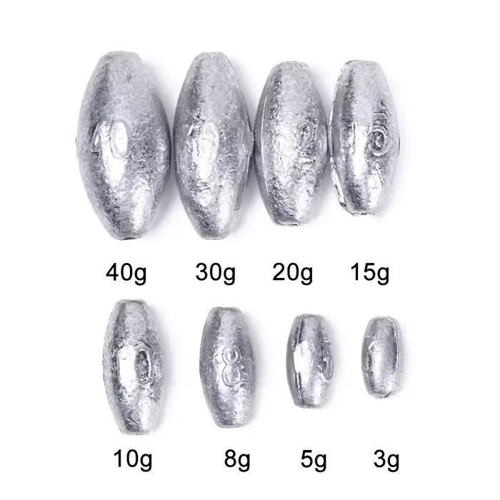 Plombs de pêche olive 5 pièces - Poids 3 à 40g avec ouverture pour ligne et connecteur hameçon