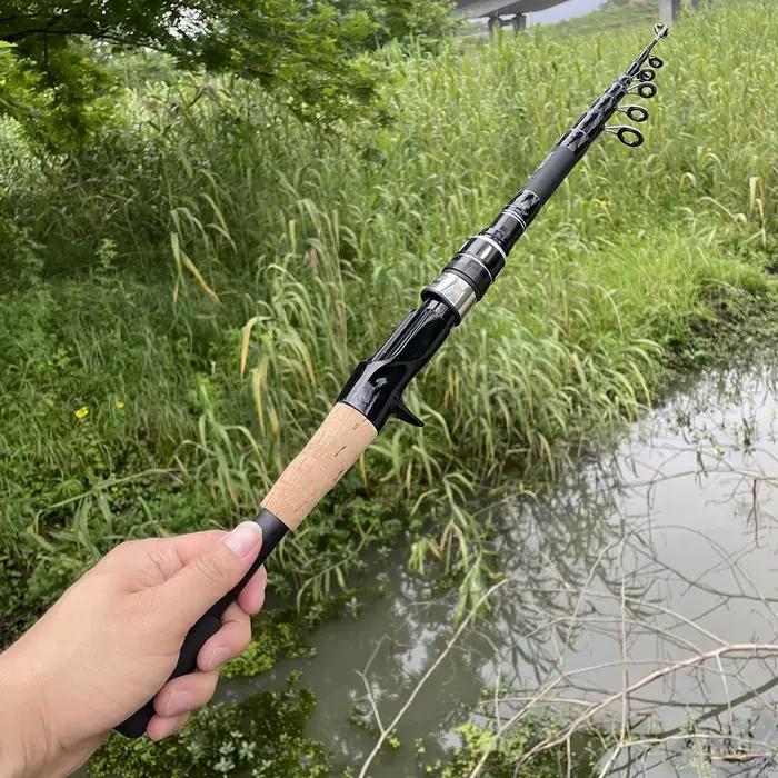 Canne télescopique pêche leurres carbone 1.5m à 2.4m casting 8-25g manche bois pour pêche en déplacement
