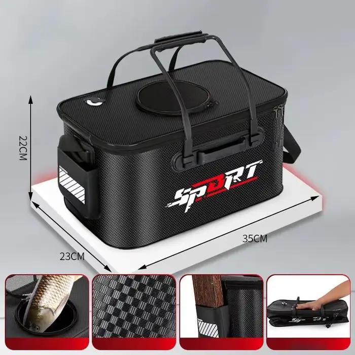 Seau à poisson pliable transportable pour pêche en camping et voyage avec vivier