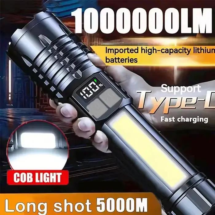 Lampe torche LED rechargeable TYPE-C haute puissance - Projecteur COB lumière latérale pêche camping