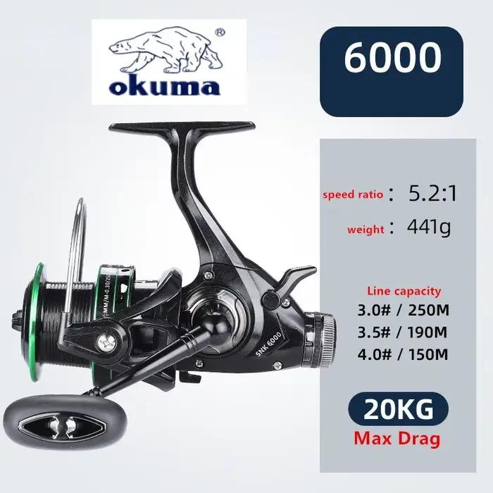 Moulinet Okuma double frein 20kg drague ratio 5.2:1 14+1BB, cupule métal série 3000-6000