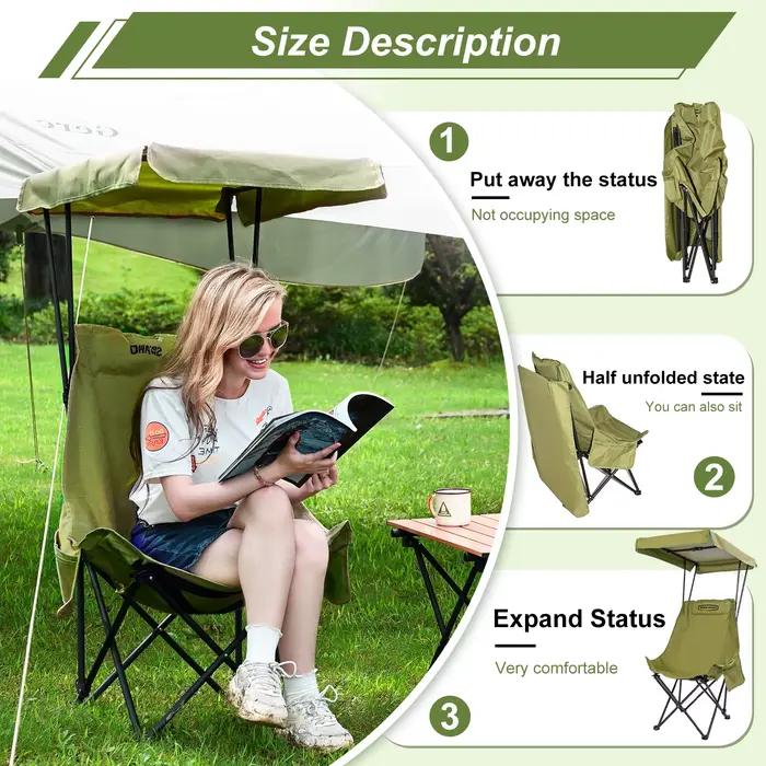 Chaise pliante camping plage avec canopée ombrage pêche voyage léger transport facile