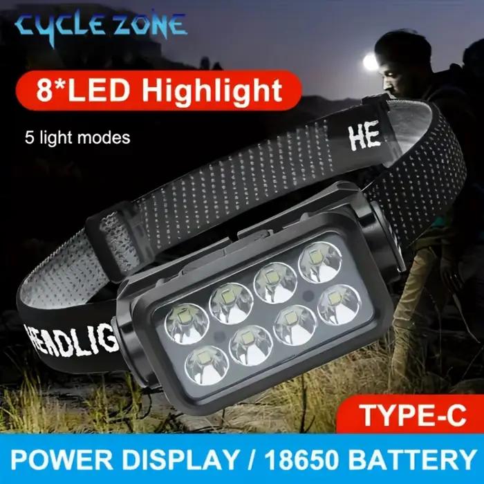 Lampe frontale 8 LED induction Type-C rechargeable 5 modes éclairage pêche camping détecteur