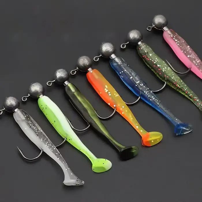 Kit pêche complet 10 leurres souples + 3 têtes plombées - leurres T-tail pour carpe et carnassiers