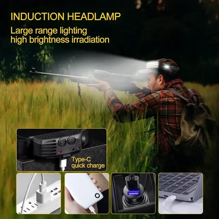 Lampe frontale rechargeable USB avec capteur de mouvement IR - 10 modes lumière blanche/jaune/rouge étanche