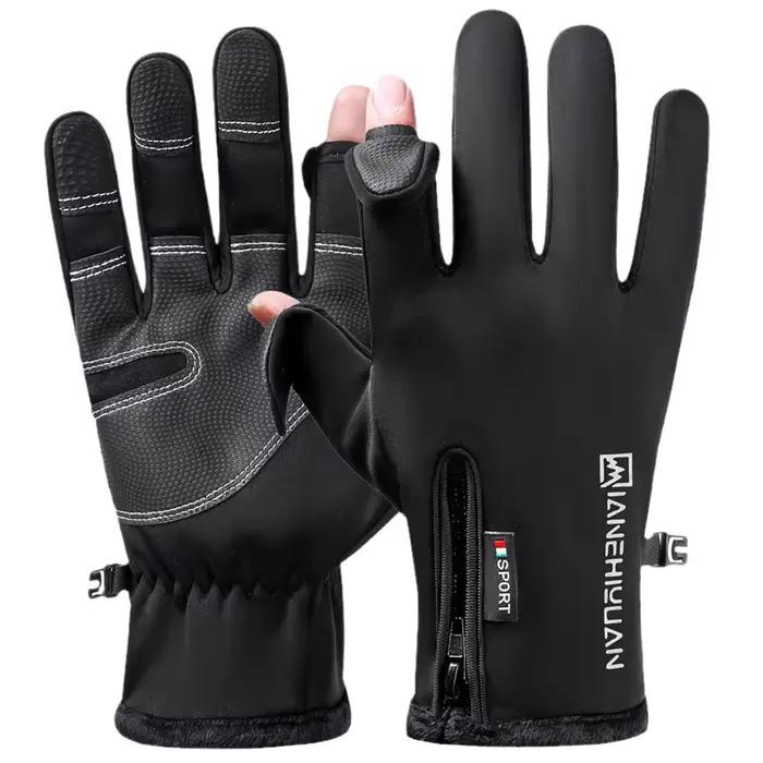 Gants de pêche hiver imperméables 2 doigts en polyester avec doublure polaire pour hommes pour pêche de rivière lac mer et activités de plein air