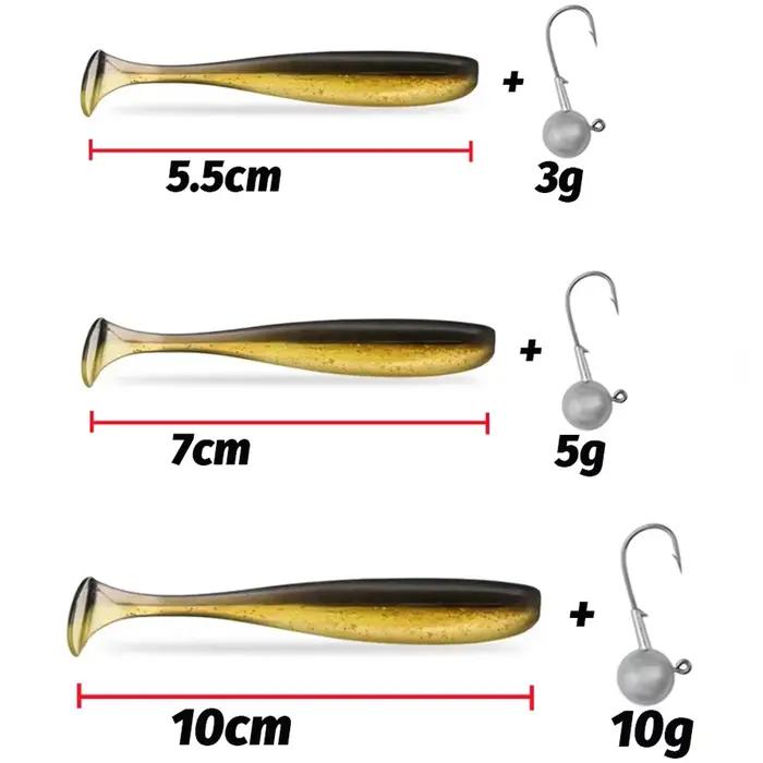 Kit pêche complet 10 leurres souples + 3 têtes plombées - leurres T-tail pour carpe et carnassiers