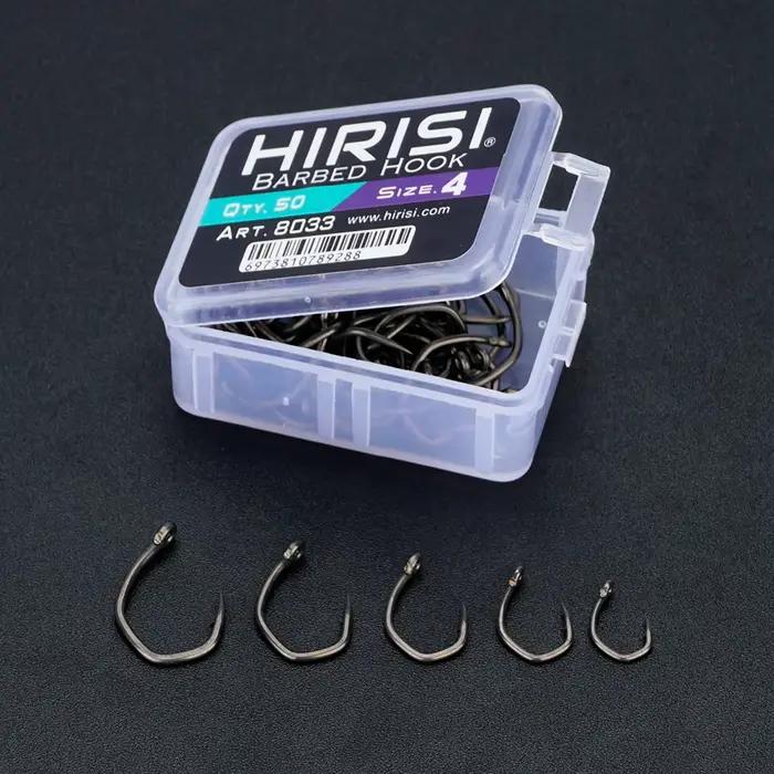 Hameçon de pêche Hirisi 8033 micro-barbelé en acier carbone, 50 pièces PTFE avec œil, boîte modulable