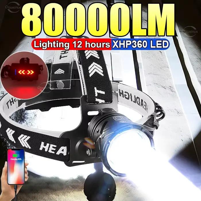 Lampe frontale pêche 80000lm rechargeable USB grand angle XHP360 pour pêche en mer et rivière
