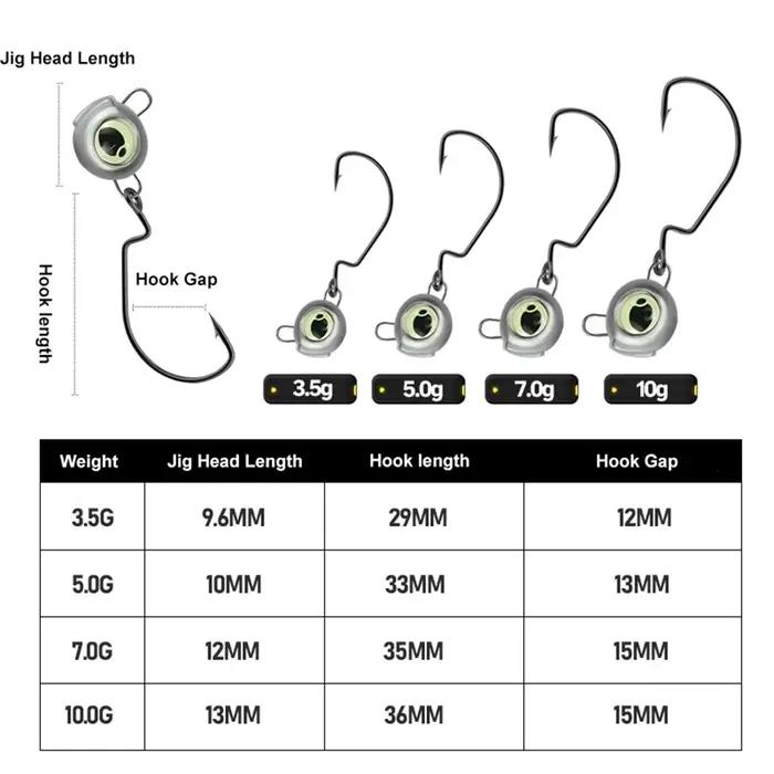 10 têtes plombées weedless avec yeux luminescents - Hameçons wide gap pour perche et bass