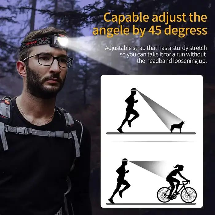 Lampe frontale pêche 6 modes avec capteur mouvement XPE+COB rechargeable USB étanche running