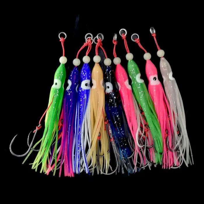 5 calamars souples 12cm avec jupes silicone et hameçons doubles assist - Pêche mer