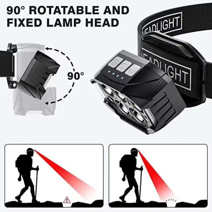 Lampe frontale LED 1200 lumens étanche avec capteur de mouvement rechargeable pour pêche en conditions humides