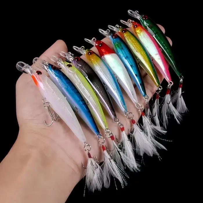 Set 10 leurres minnow avec plumes pour black bass - Leurres crankbait 9cm/7g prise rapide