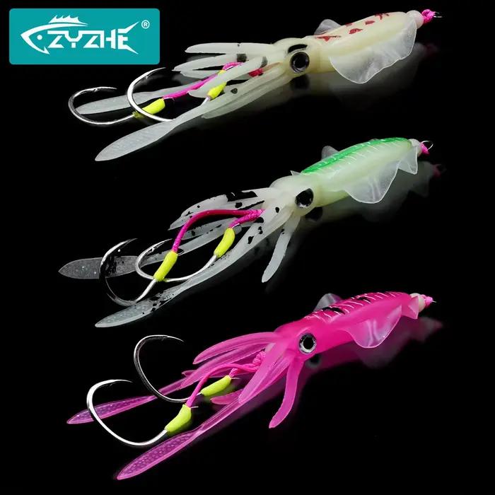 Leurre souple calamar lumineux avec double hameçon pour pêche en mer depuis un bateau
