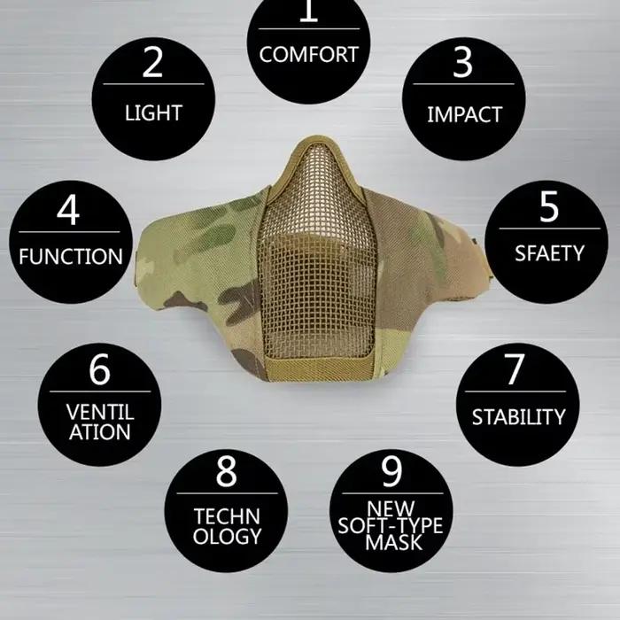 Masque facial tactique camouflage demi-visage maillage métal pêche chasse airsoft protection