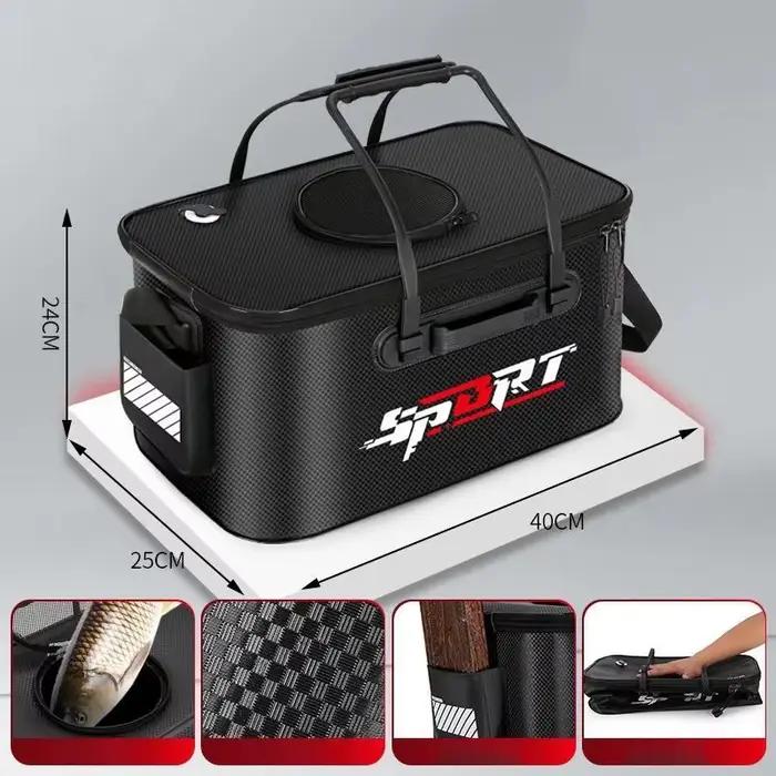 Seau à poisson pliable transportable pour pêche en camping et voyage avec vivier