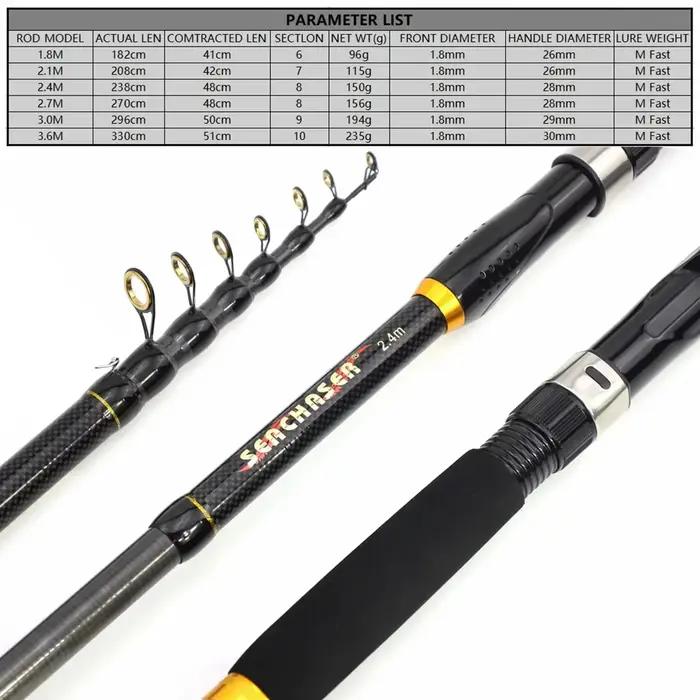 Canne pêche télescopique portable 1.8m-3.6m fibre carbone pour carpe truite et pêche plage