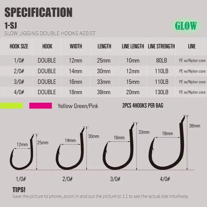 Hameçons Mustad Glow Slow Jigging Twin Assist pour la pêche au dorade en mer
