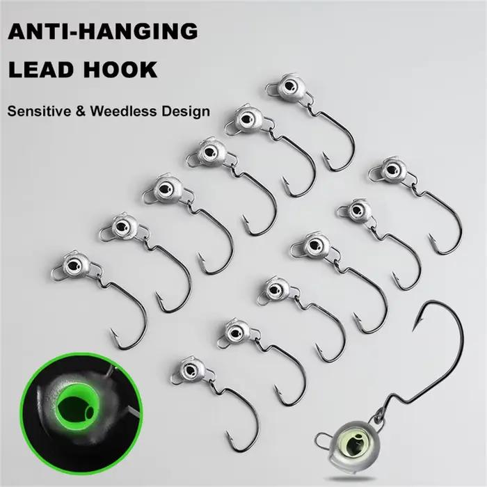 10 têtes plombées weedless avec yeux luminescents - Hameçons wide gap pour perche et bass