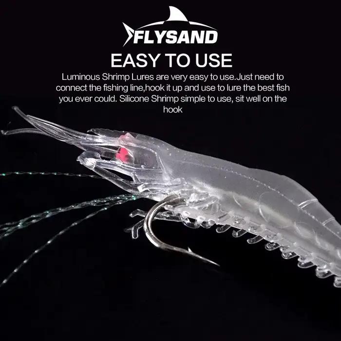 Leurre crevette lumineux FLYSAND : appât silicone souple pour pêche aux leurres avec hameçons intégrés