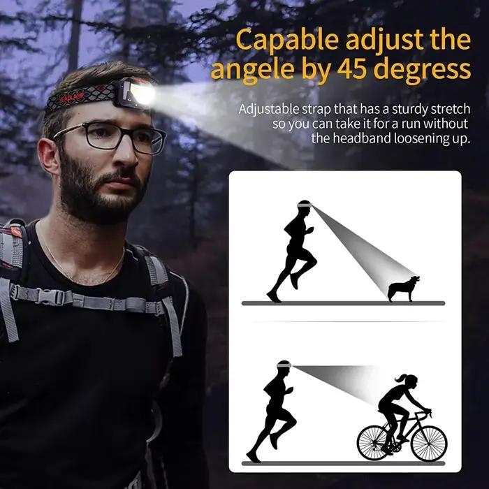 Lampe frontale LED pêche rechargeable USB 8 modes capteur de mouvement puissante pour camping