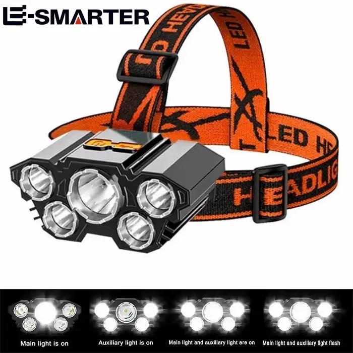 Lampe frontale 5 LED rechargeable pêche camping cyclisme lumière puissante longue autonomie