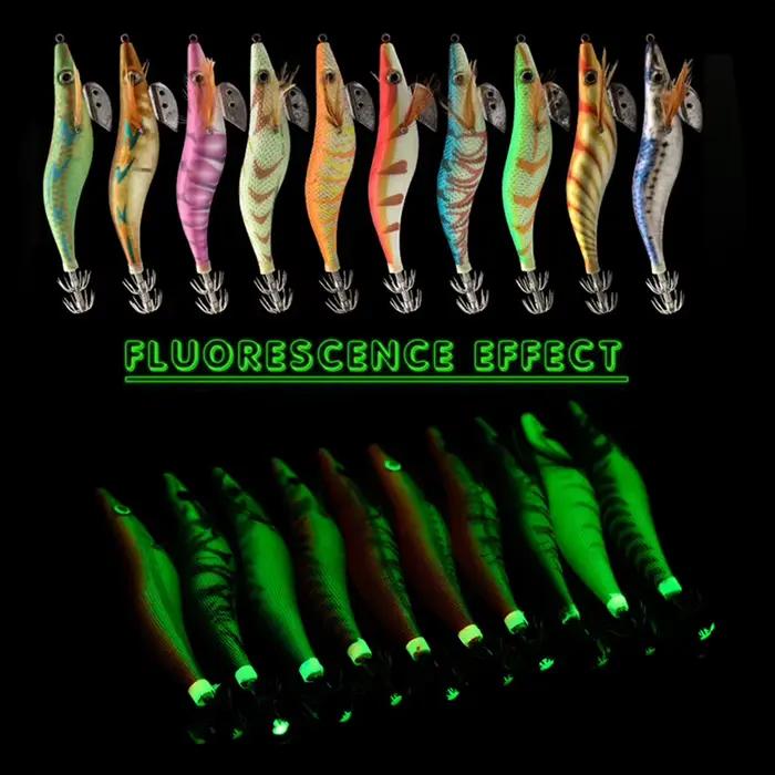 Leurre pêche crevette bois lumineux 3D yeux appât dur wobbleur leurre calmar 10 pièces
