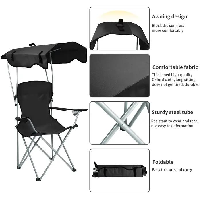 Chaise de pêche pliante avec pare-soleil et porte-gobelet - Siège confortable avec rangement