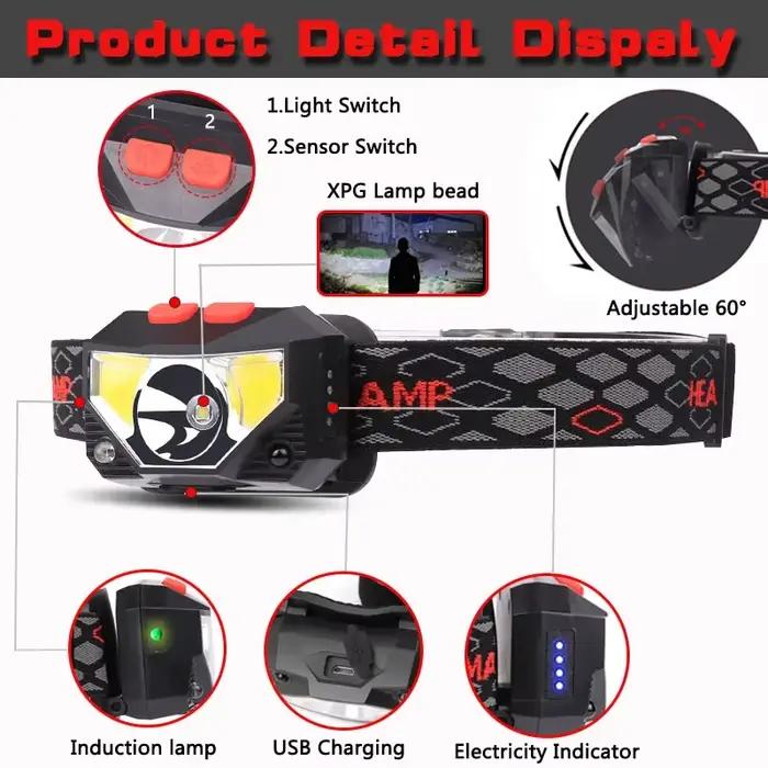 Lampe frontale pêche 6 modes avec capteur mouvement XPE+COB rechargeable USB étanche running
