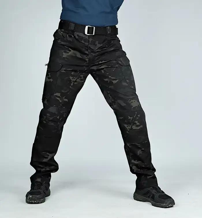 Pantalon cargo camouflage noir homme - Multi-poches séchage rapide pêche randonnée