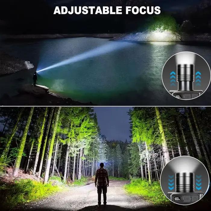 Lampe frontale rechargeable LED zoom ajustable étanche pour camping randonnée et pêche nocturne