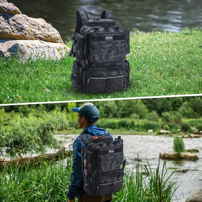 Sac à dos de pêche résistant à l'eau multi-usages avec système de rangement ajustable et porte-canne pour hommes et femmes sorties en mer et rivière